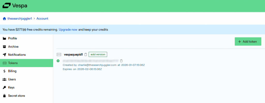 Vespa create token for Quepid